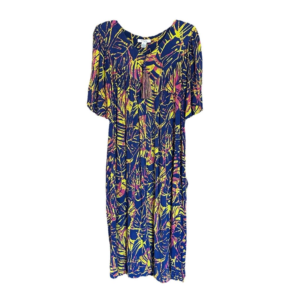 Go Softly Patio Dress XL Crinkle Short Sleeve Boho Beach Resort Tropical Tassel